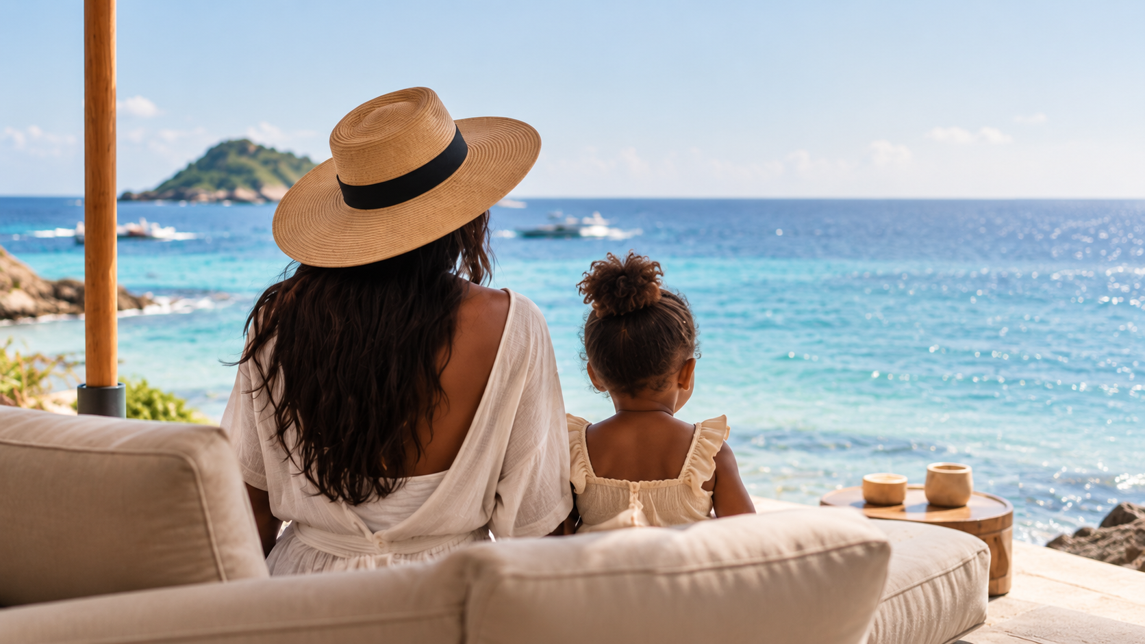 A mother and daughter looking out over a turquoise coastline together